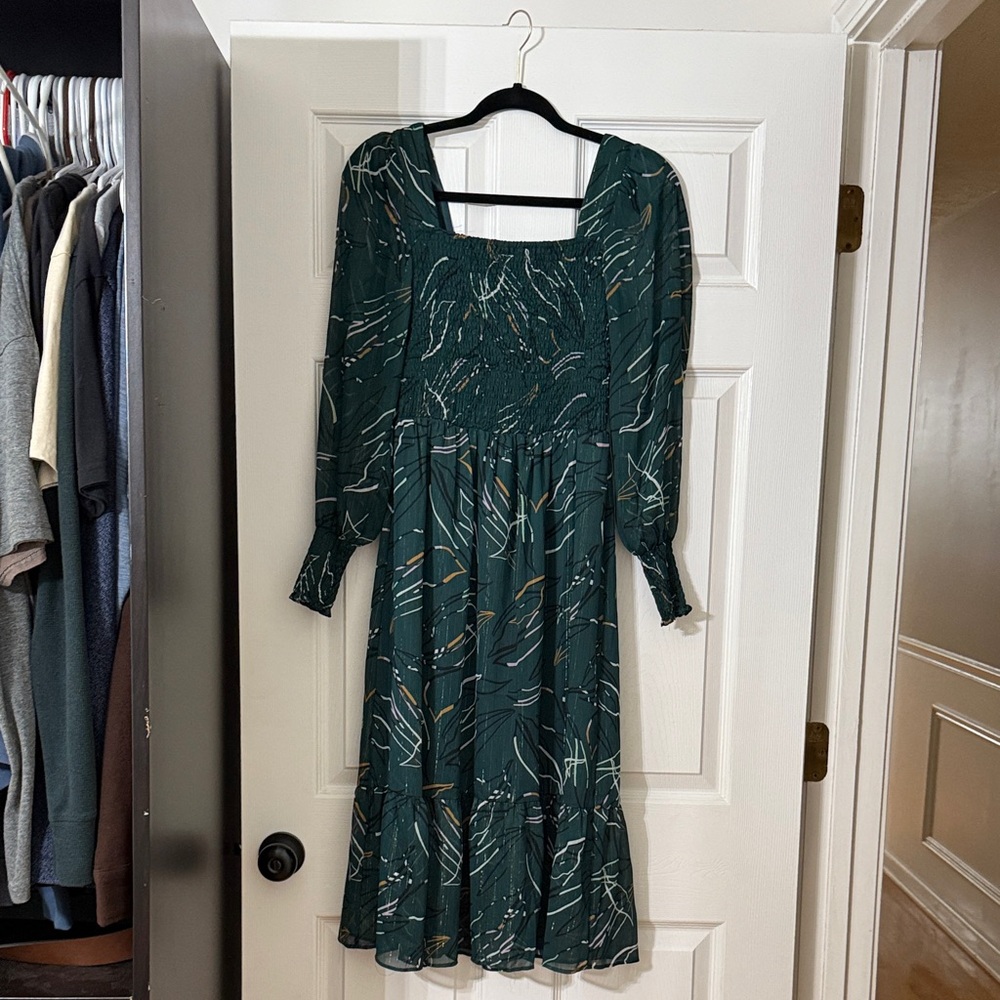Nine West Dark Green Patterned Long Sleeve Dress